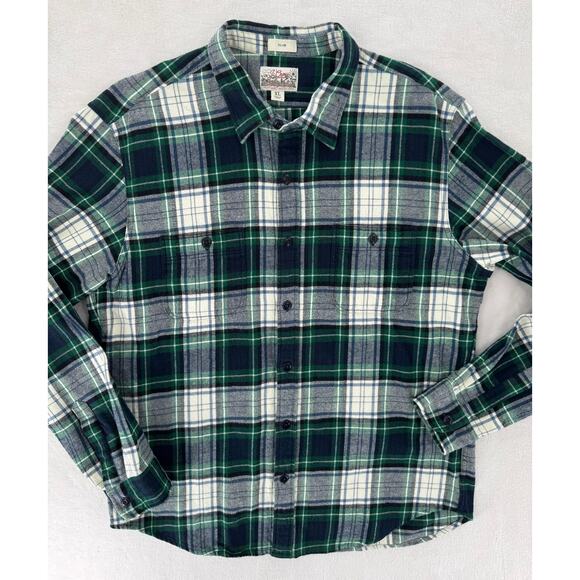 J crew Mens Navy Green Flannel Tartan Plaid Shirt XL Cotton Button Down - Picture 3 of 7